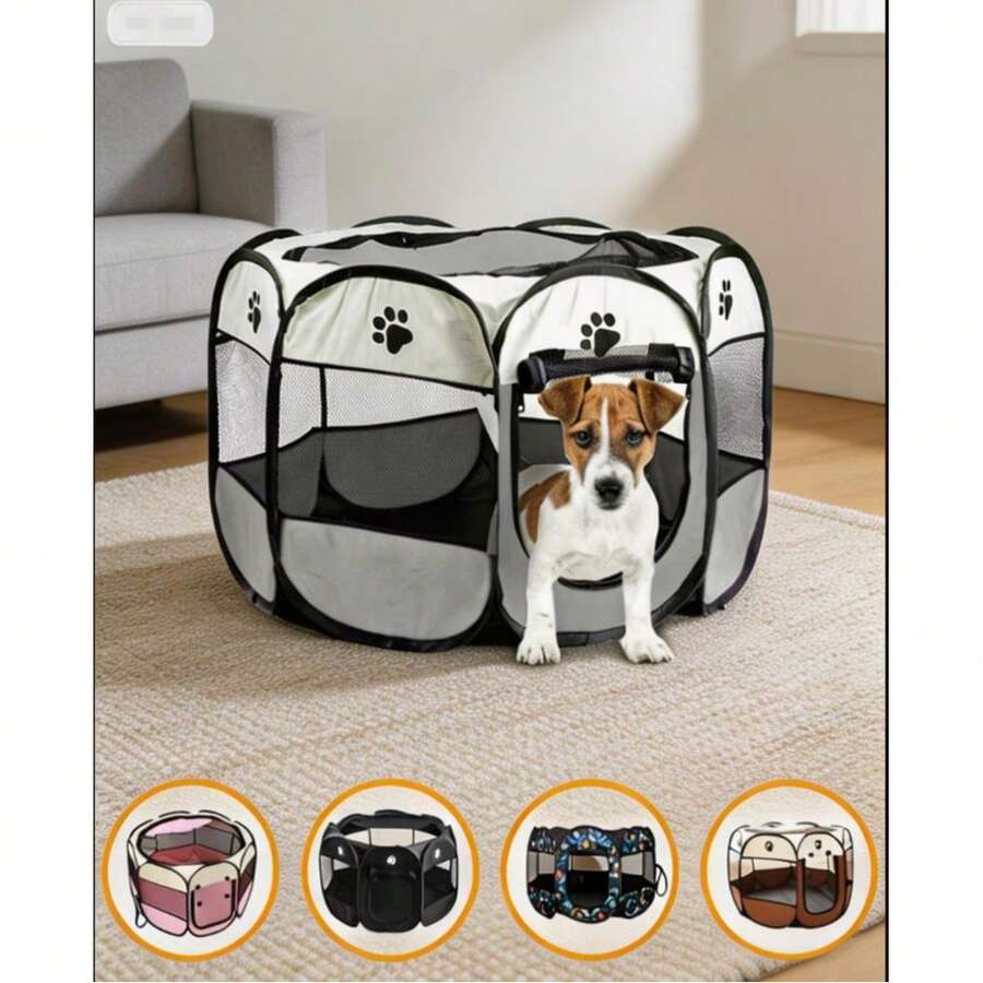 1pc Foldable Portable Pet Fence, Breathable Printed Pet Bed, Pet Whelping Box, Suitable For Large, Medium, Small Dogs, Cats, Rabbits Exercise, Indoor And Outdoor Use Pet Tent