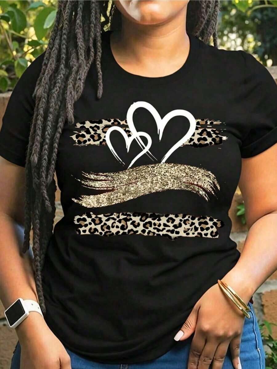 Graphic TeesCamiseta de Mujer Roja con Estampado de Leopardo y Corazón Brillante, Manga Corta y Cuello Redondo para Verano y Primavera, Tejido de Punto de Poliéster, Diseño Audaz y ElegantCottno-Vintage Street Style Unisexoose Cotton Short Sleeve Crew Neck T-Shirt - Negro - Ver 1