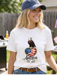 America 250 Flag 17762026 Patriotic Anniversary T-Shirt. 220 Gsm, Pure Unisex Cotton. Ideal Weight For All Seasons, Suitable For Men And Women. Durable, High-Quality Fabric, Soft To The Touch And Long-Lasting. Breathable T-Shirt. Suitable For Spring And Summer, Holidays, Mother's Day, And Independence Day. - 白色 - 查看 1