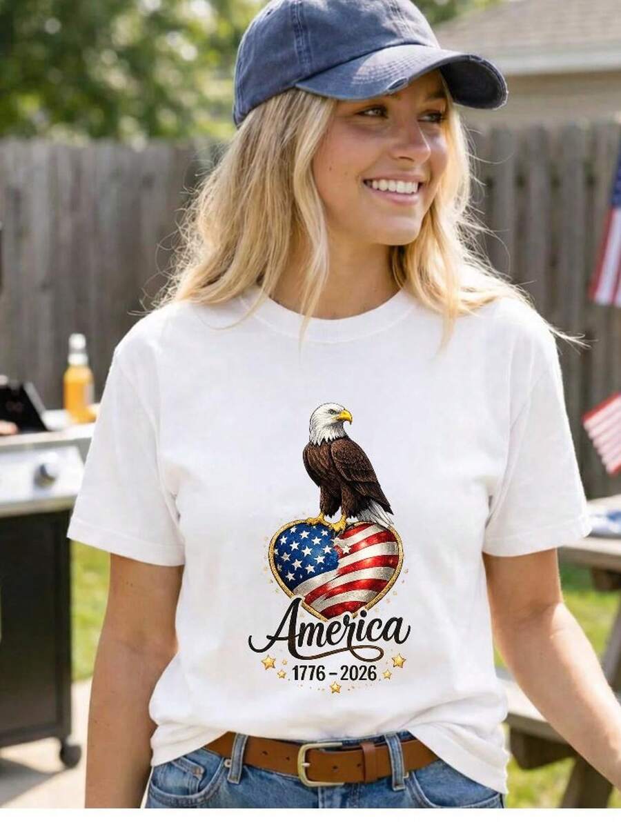America 250 Flag 17762026 Patriotic Anniversary T-Shirt. 220 Gsm, Pure Unisex Cotton. Ideal Weight For All Seasons, Suitable For Men And Women. Durable, High-Quality Fabric, Soft To The Touch And Long-Lasting. Breathable T-Shirt. Suitable For Spring And Summer, Holidays, Mother's Day, And Independence Day. - 白色 - 查看 1