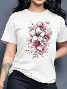 Playera camiseta gráfica dama mujer manga corta cuello redondo básica cómoda fresca ligera moderna juvenil femenina estampado flores flor floral lily hojas 3d - Blanco - Ver 1