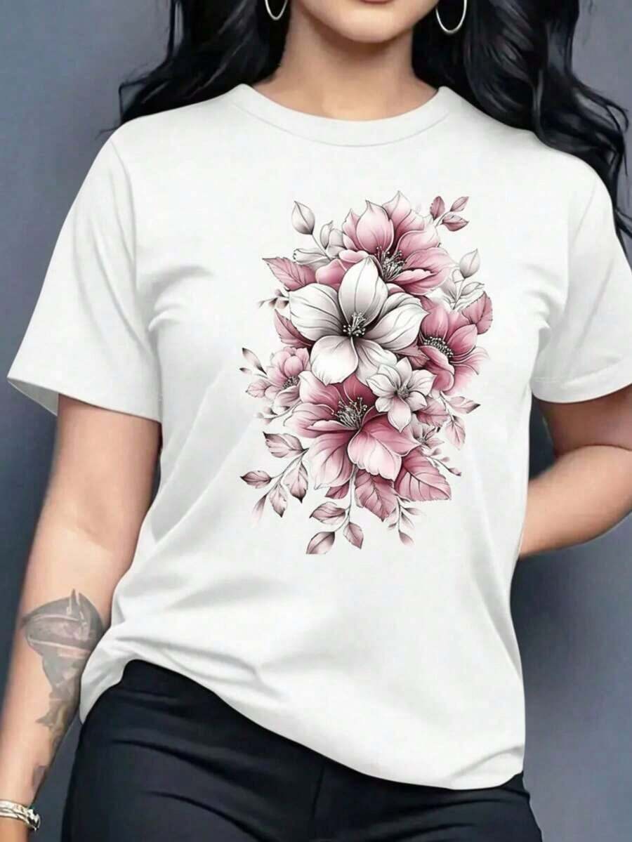Playera camiseta gráfica dama mujer manga corta cuello redondo básica cómoda fresca ligera moderna juvenil femenina estampado flores flor floral lily hojas 3d - Blanco - Ver 1