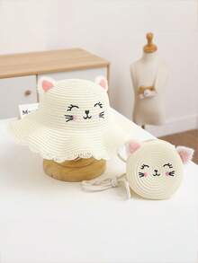Bộ 2 mũ rơm cho trẻ em, mũ chống nắng mùa hè cho trẻ em, mũ rơm và túi đựng cho bé, mũ che nắng vành rộng dễ thương bằng vải dệt cho trẻ em và bé gái. - Nhiều màu - Xem 2