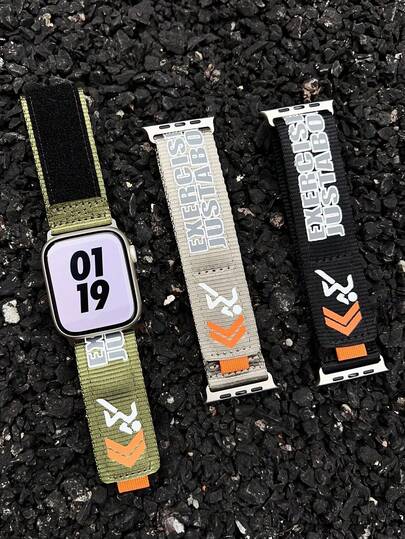 1pc Hook And Loop Outdoor Letter Nylon Band, Compatible With 49mm 46mm 45mm 44mm 42mm 41mm 40mm 38mm, Casual Strap, Adjustable Length, Sports, Lightweight, Durable, Sweat-Resistant, Unisex Replacement Band