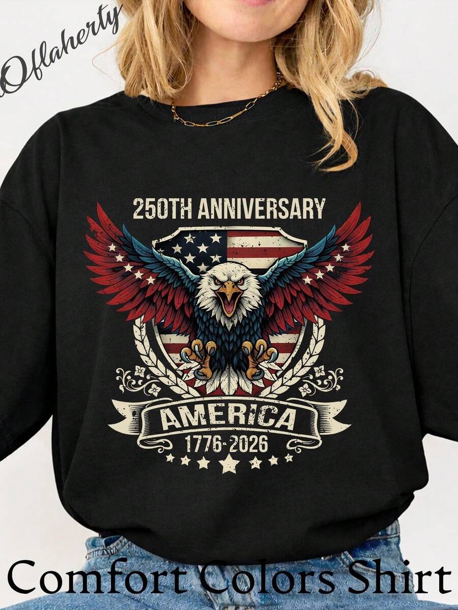 Camiseta del 250 aniversario, camiseta del semiquincentenario, camiseta AM1erica 17762026, camiseta del Día de la Independencia, Águila Americana. Camiseta unisex de algodón puro de 220 g. Peso ideal para todas las estaciones, apta para hombres y mujeres. Tejido duradero de alta calidad, suave al tacto y de larga duración. Camiseta transpirable. Adecuada para la primavera y el verano de las mujeres, vacaciones, Día de la Madre, Día de la Independencia. - Negro - Ver 1