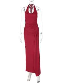 Vestido verano unicolor halter con cordón espalda descubierta abertura lateral corte ajustado elegante y sensual estilo europeo para mujer - Rojo - Ver 8
