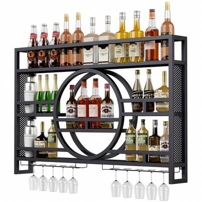 Fully Assembled Wall-Mounted Wine Rack 35lbs Heavy-Duty Construction, Upright Wine Storage For Cork Care, 3-Tier Bar Liquor Shelf With Wine Glass Holder, Effortless Installation,Large Capacity Liquor Bottle Display Shelf For Home Bar, Dining Room