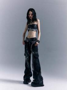 Punk Heavy Industries Low Waist Micro Pants Washed Denim Trousers - Black and Gray - View 3