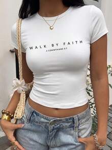 Women's Summer New Minimalist Printed Design Casual Round Neck Short Sleeve T-Shirt, Fashionable And Versatile Blouse - White - View 3