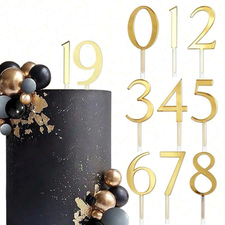1个/10个装金色银色亚克力数字0-9蛋糕装饰插牌，适用于生日、婚礼、周年纪念派对蛋糕装饰用品 - 金色 - 查看 1