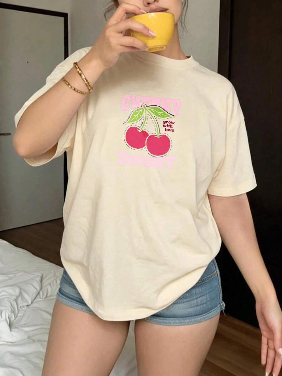 Short-Sleeved T-Shirt With Cherry Print And 'Cherry Sweet Grow With Love' Text For Casual Wear-Vintage Street Style Unisex Loose Cotton Short Sleeve Crew Neck T-Shirtblouses For Women. Blouses.Casual Blouses For Women. - 杏色 - 查看 1