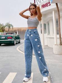 Pantalon droit en jean élégant et décontracté pour fille, polyvalent pour les tenues décontractées de printemps/été, les vacances, l'école, les voyages, l'aéroport - Bleu azur - Voir 4