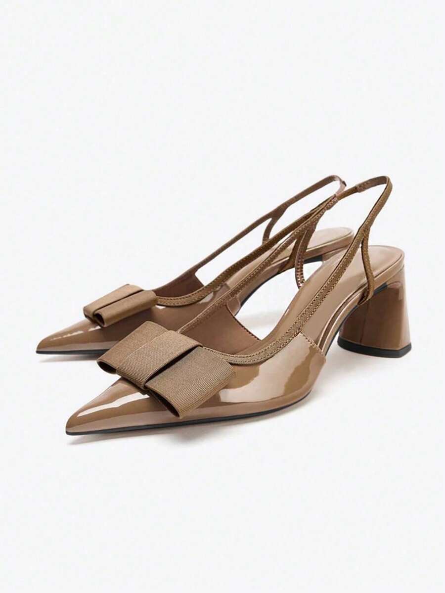 2026 Spring/Summer New Burgundy Bow Decor Open Toe Mule Shoes, Pointed Toe Slip-On Sandals - Brown - View 1
