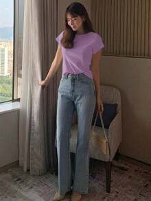 Camiseta básica de mujer de manga corta, cuello redondo, unicolor blanco, para primavera/verano, estilo casual de oficina - Morado - Ver 5