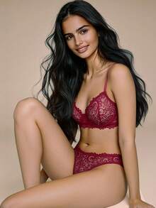 2 piezas Conjunto de lencería sexy burdeos para mujer, conjunto de sujetador de encaje floral romántico adecuado para el verano, sujetador push-up ajustable, regalo íntimo para el Día de San Valentín - Burdeos - Ver 4