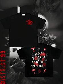 Anti Social Club Graphic Cropped T-Shirt For Boys And Girls Men, Women All Ages Family T-Shirt Letter New Streetwear Clothing Harajuku T-Shirt Cotton Half Sleeve Tee, Y2K Style Casual Cotton Classic Crewneck Design Tee - màu đen - Xem 2