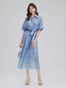 Rich Radi Q's 女士高领系带蓝色长款连衣裙，饰有蕾丝腰带和直筒下摆，休闲优雅的设计，适合夏季外出穿着。 - 藍色 - 查看 2