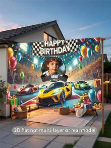 Fondo personalizable con foto y nombre tema de carreras Feliz Cumpleaños, diseño de pista de carreras con banderas negras y blancas y globos, pancarta de fotografía, material de vinilo, decoración de fiesta - Sección B - Ver 4