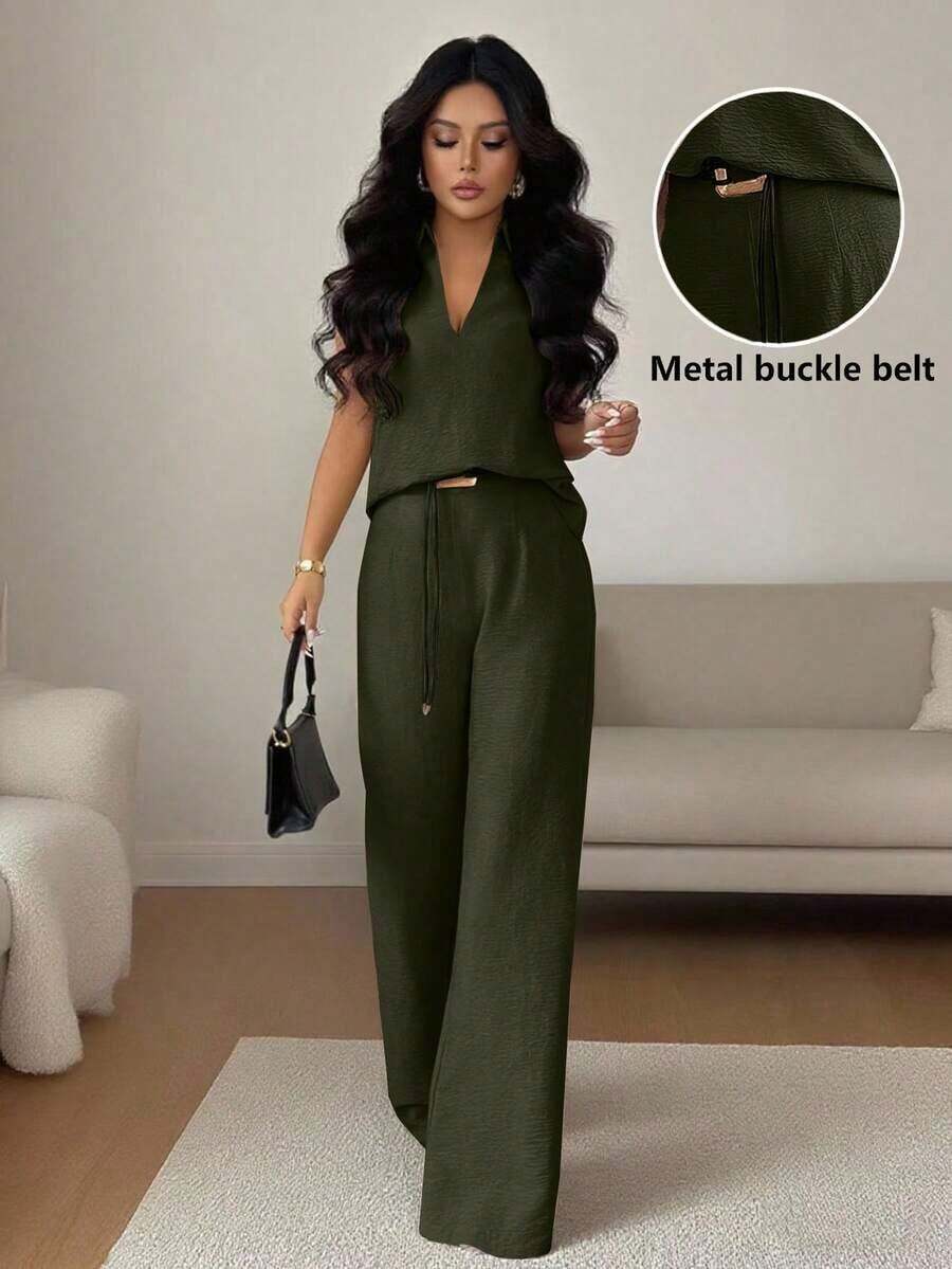 Set de 2 piezas de top sin mangas de cuello en V y pantalones rectos con decoración de cinturón holgado, de estilo casual y versátil para mujer, para primavera/verano - Verde militar - Ver 1