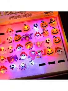 50/30/1pc Halloween Glow Rings, Glow Props, Night Light, Birthday, Halloween Party Gifts Decoration Adult Products, Flashing Finger Rubber Rings, Multiple Styles: Ghost, Pumpkin, Skull, Spider, Bat, Glow Decorations, Flashing Finger LED Rings, Flashing Jelly Rubber Rings - Multicolor - View 10