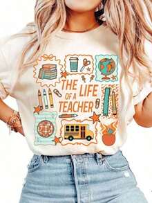 1 pieza Camiseta "La Vida de un Maestro", Camiseta "Teaching Showgirl", Regreso a Clases, Marcos para Dibujos, Música, Material Escolar de Primaria, Camiseta de Algodón Grueso Clásica de Manga Corta, Talla Grande, con Estampado Gráfico, Top Casual de Manga Corta para Mujer, 180g 100% Algodón - Blanco - Ver 1