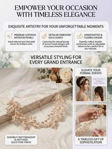 1pc Vintage Greek Style Handmade Pearl Leaf Headband, Elegant Gold Textured Bridal Headpiece, Versatile For Formal Occasions, Weddings, Parties - Multicolor - View 3