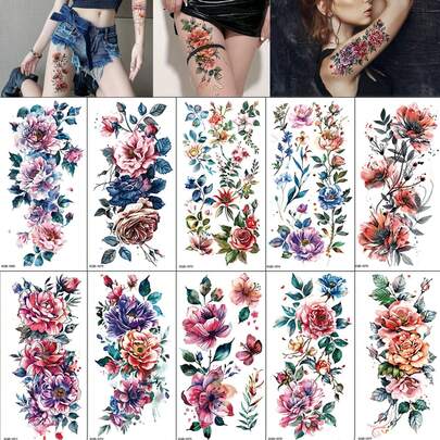10pcs Temporary Tattoo Body Art Stickers, Rose Flower & Butterfly Designs, DIY Beautiful Decorative Waterproof Tattoos