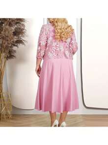 Two-Piece Cocktail Dress With Matching Embroidered Lace, New Spring-Summer Collection For Plus-Size Women - Red - View 4