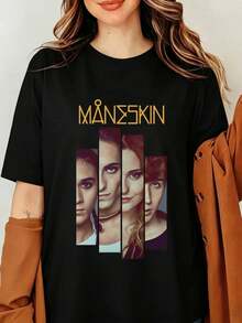 Måneskins Rock Band Graphic T-Shirt Damiano David Victoria De Angelis Vintage 90s Music Print Black Oversized Cotton Tee Men Women Streetwear Top, For Men And Women, All Sizes - Black - View 1