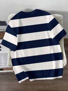 Camiseta de manga corta casual con estampado digital de rayas de contraste en estilo universitario retro americano, ajuste slim, adecuada para citas, reuniones, esencial, a juego para parejas, familia, gran regalo para el novio - Azul - Ver 3