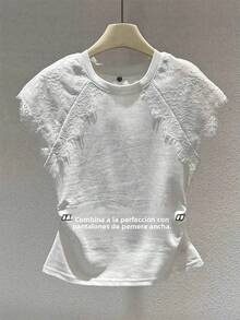 Camiseta de manga corta para mujer, estilo coreano, de algodón, con encaje, plisada, ajustada, blanca, con diseño creativo y cuello redondo, Verano 2025 - Papas fritas blancas [con hamburguesa de ] - Ver 1