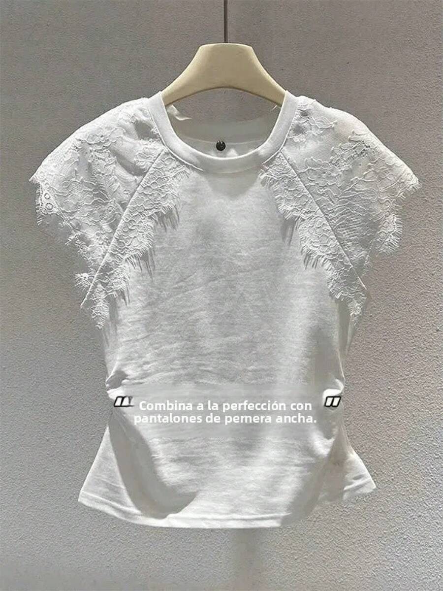 Camiseta de manga corta para mujer, estilo coreano, de algodón, con encaje, plisada, ajustada, blanca, con diseño creativo y cuello redondo, Verano 2025 - Papas fritas blancas [con hamburguesa de ] - Ver 1