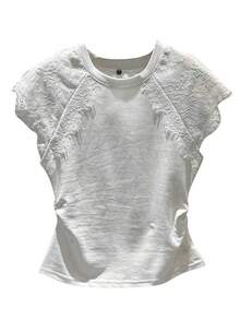 Camiseta de manga corta para mujer, estilo coreano, de algodón, con encaje, plisada, ajustada, blanca, con diseño creativo y cuello redondo, Verano 2025 - Papas fritas blancas [con hamburguesa de ] - Ver 5