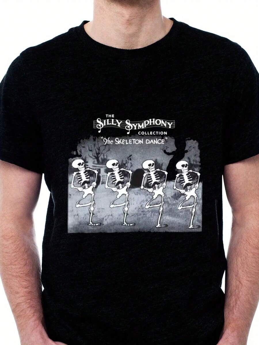 Halloween T-Shirt With A Fun Skeleton Dancing To A Symphony Design| Classic Fit Short Sleeve T-Shirt With A Horror Dance Party Print, Suitable For Costume Parties And Casual Wear - A Fun Halloween Gift, Festive Clothing, Fun Design, Comfortable Material. Suitable For Parties And Everyday Wear, Perfect For Holidays And Playtime, Ideal For Parties And Family Vacations, Street Style, Fashion, Party Outfits, And Casual Summer Wear. - 黑色 - 查看 1