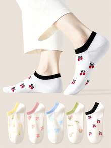 5 pares de calcetines cortos para mujer con estampado de flores, lazo y diseño de cereza, antideslizantes, sencillos y cómodos, adecuados para las estaciones de primavera y verano - Multicolor - Ver 8