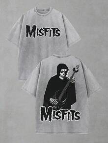 Misfits Horror Punk Skeleton Guitarist Washed Oversized Graphic T-Shirt, Men's Short Sleeve Pure Cotton Loose Fit Vintage Punk Streetwear, Grim Reaper Aesthetic, Wide 100% Cotton Pullover Gift - Grey - View 1