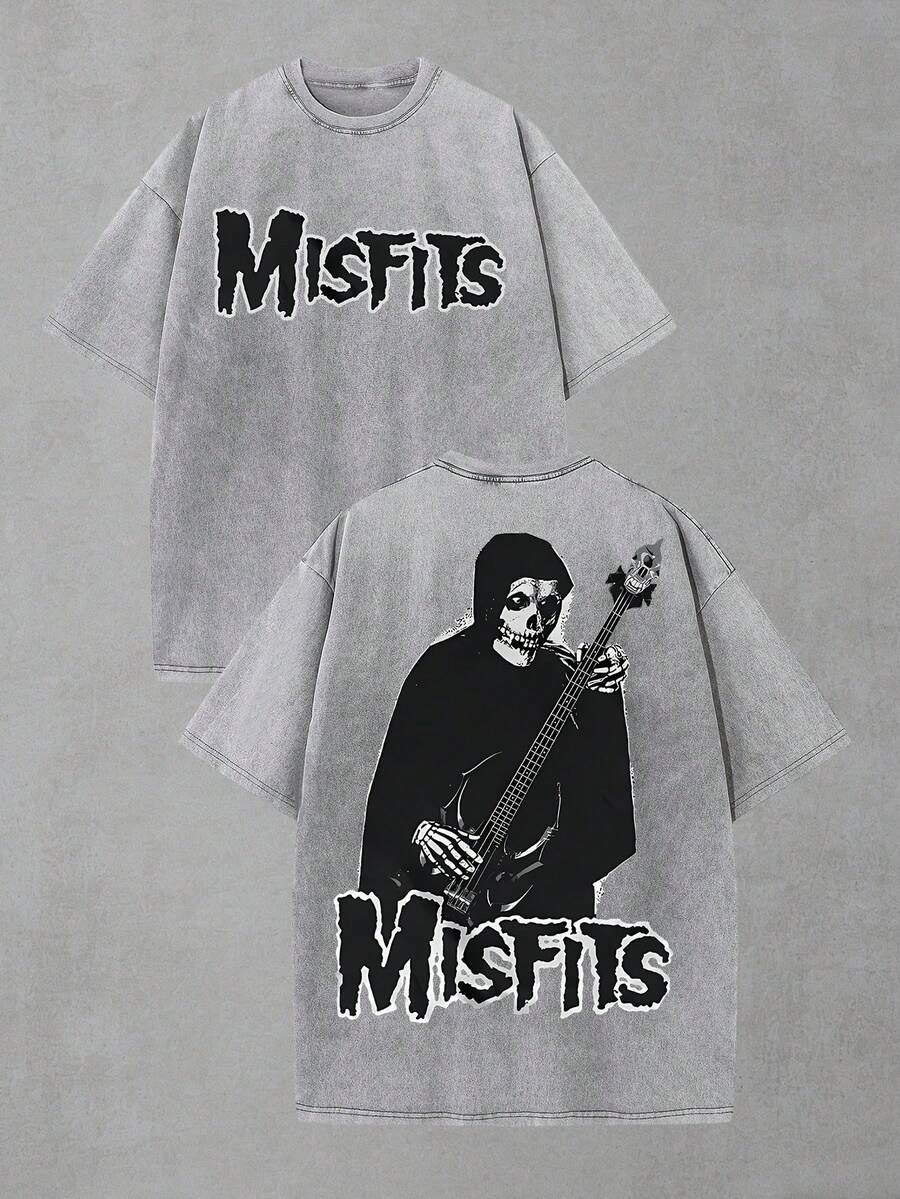 Misfits Horror Punk Skeleton Guitarist Washed Oversized Graphic T-Shirt, Men's Short Sleeve Pure Cotton Loose Fit Vintage Punk Streetwear, Grim Reaper Aesthetic, Wide 100% Cotton Pullover Gift - Grey - View 1