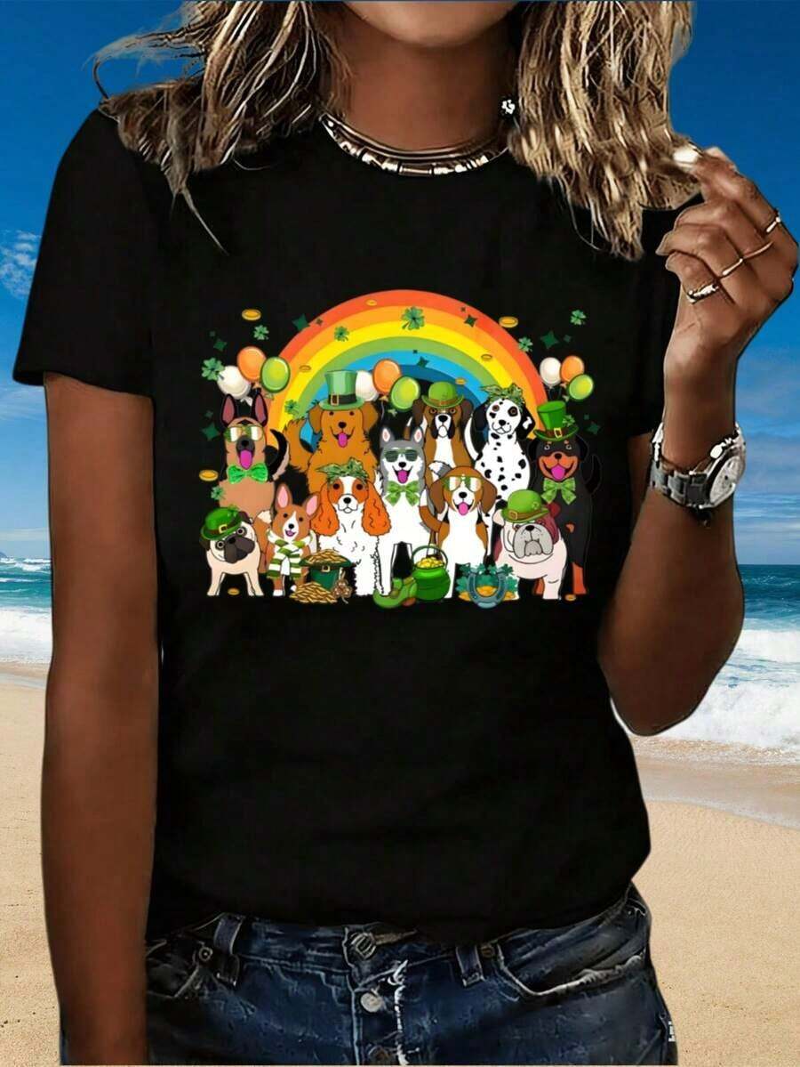 Camiseta de San Patricio con Estampado de Arcoíris y Trébol para Mujer, Estilo Casual con Estampado de Animales de Dibujos Animados, Ropa de Playa de Verano - Negro - Ver 1