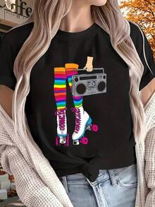 Camiseta de Mujer con Estampado de Calcetines Arcoíris y Boombox, Diseño Retro de los 80 de Patinaje sobre Ruedas, Perfecta para Ropa Casual y Conjuntos de Fiesta, 220g - Negro - Ver 5