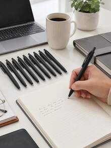 12pcs Matte Black Retractable Ballpoint Pens; Easy-To-Use Button Design; Minimalist Style; Retractable & Portable; Comfortable Grip; Smooth Writing; Ideal For Back To School; Suitable For Bulk Purchase In School And Office - Simple Black Ballpoint Pen - View 5