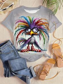 Camiseta manga corta cuello redondo 100% algodón, estampado trendy, tejido ligero y ventilado, estilo moda casual, apta para vida diaria, salidas informales y citas en primavera, verano y otoño - Gris Claro - Ver 3