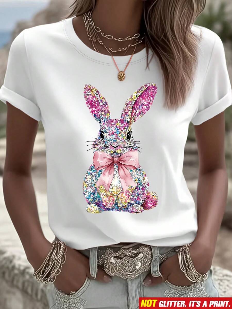 Camiseta manga corta cuello redondo 100% algodón, estampado trendy, tejido ligero y ventilado, estilo moda casual, apta para vida diaria, salidas informales y citas en primavera, verano y otoño - Blanco - Ver 1