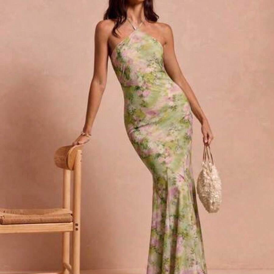 Summer Romantic Women's Green Floral Print Elegant Chiffon Open Shoulder Halter Long Dress,Vintage,Prom Dress,Dresses For Wedding,Mother's Day,Festival Dresses,Elegant Dresses For Women,Luxury Evening Dress For Women,Chic Evening Dress,Fringe Dress,Party Dress,Vacation Outfits Women,Summer Outfits For Women,Chic - Verde - Ver 1