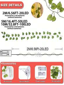 2m/5m/10m 人造西瓜葉花環附 LED 燈串，AA 電池供電綠色西瓜葉掛燈，適用於牆面、派對、婚禮、房間、居家廚房，室內/室外節日裝飾（不含電池） - 暖光西瓜葉 - 查看 5