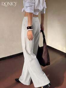 Pantalones anchos de rayas azul marino de moda para mujer, tela con caída, detalles de botón de metal de cintura alta, adecuados para la oficina y ocasiones casuales - Blanco - Ver 2