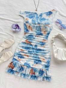 Vestido mini ajustado con volantes asimétricos en el hombro y estampado de teñido anudado romántico.Versátil para fiestas, citas, té de la tarde, playa, boda, temporada de graduación - Multicolor 2 - Ver 6
