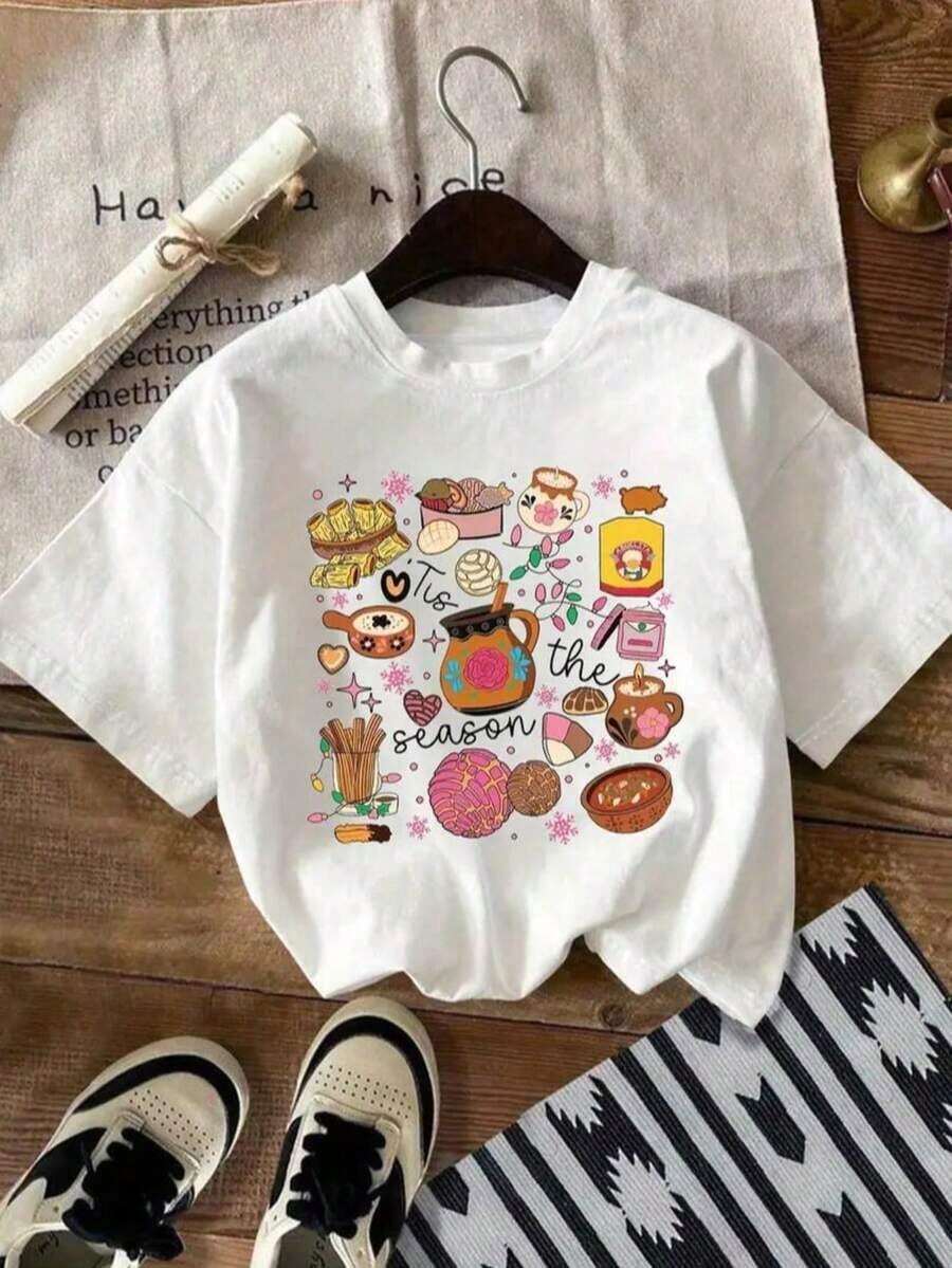 blusas para mujer playeras de mujer blusas casuales para dama  Playera tipo oversize estampada para mujer  y gráficos de panadería y bebidas mexicanas, con diseño "'Tis the Season"ideal para un look cultural y acogedor. ZHUB - Blanco - Ver 1