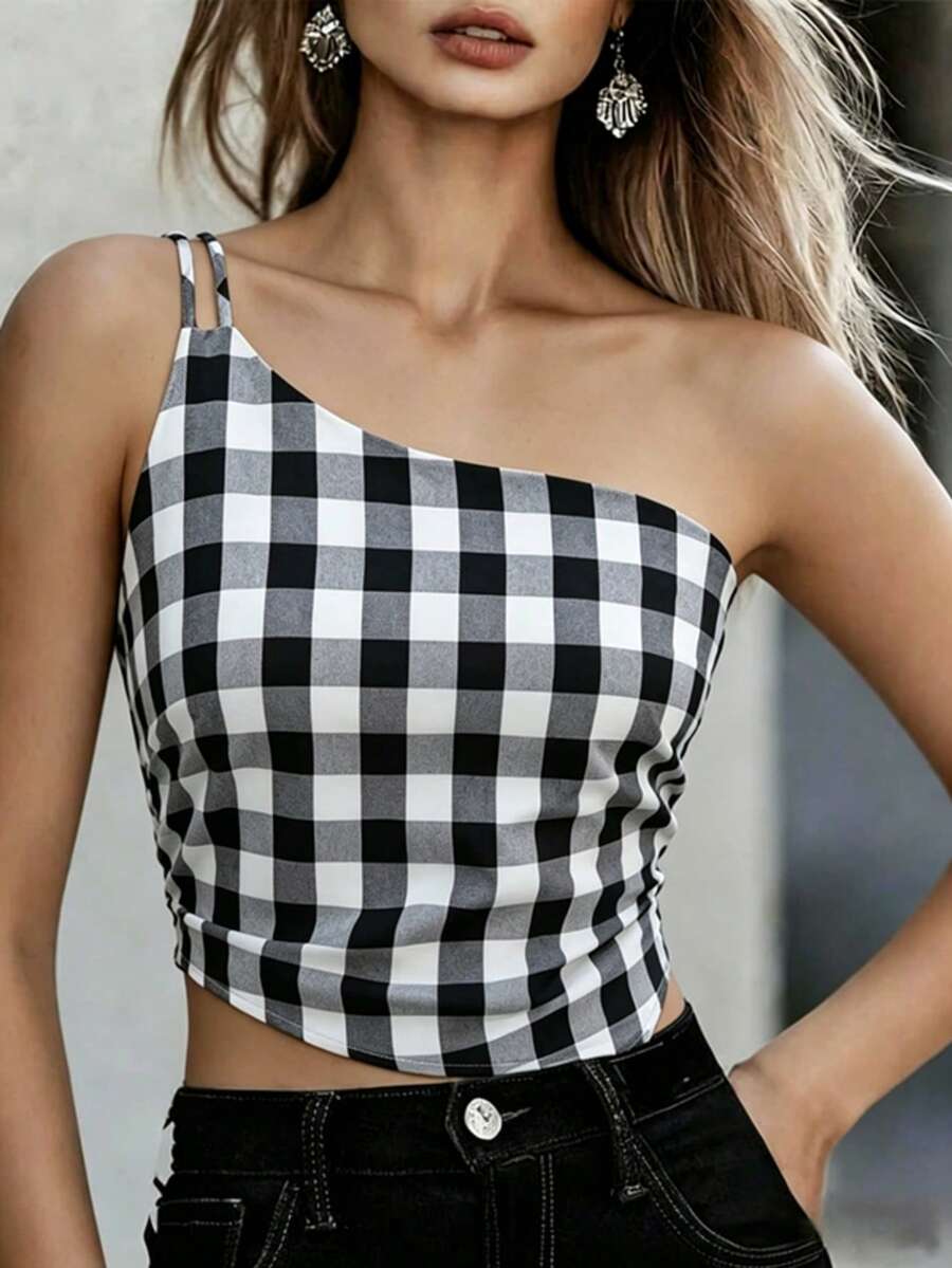 Áo kiểu nữ mùa xuân/hè mới, thời trang, đa năng, kẻ caro, lệch vai, dây đeo có thể điều chỉnh, lưng hở, eo không đều, ôm sát; Áo kiểu kẻ caro hai màu, bất đối xứng/không đều, thích hợp cho kỳ nghỉ biển/áo kiểu kẻ caro thanh lịch cho nữ; Áo kiểu thắt nơ cho nữ; Áo kiểu ôm eo cho nữ. - Đen và trắng - Xem 1