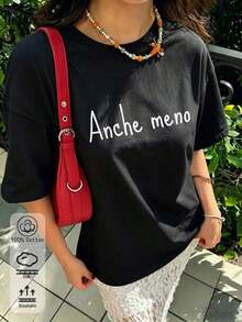 Camiseta para Mujer con Estampado de Frase Personalizada, Cuello Redondo, Manga Corta, Diseño Casual - Negro - Ver 1