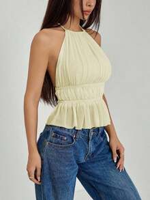 Top sin espalda con cuello de halter con pliegues y cintura con lazo para mujer - Amarillo claro - Ver 10